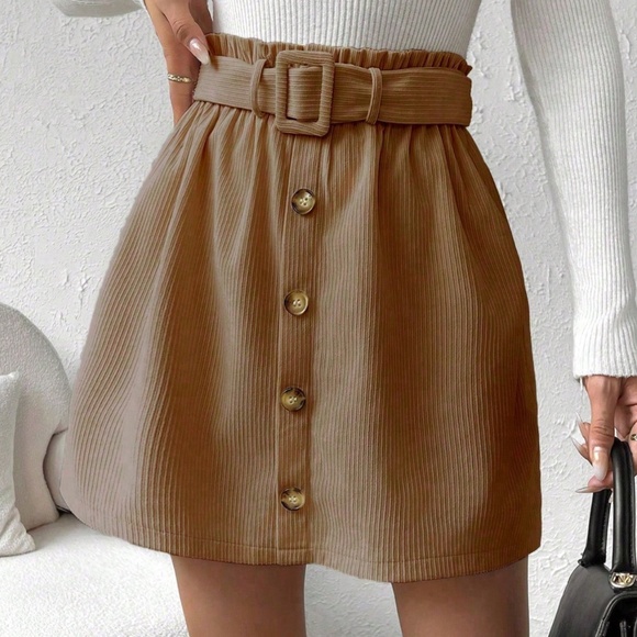 Solid Tan High Waisted Button Detail Corduroy Mini Skirt - Picture 1 of 4